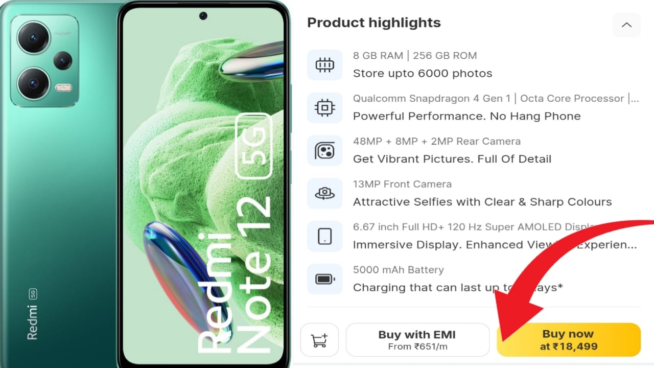 REDMI Note 12 5G – 8GB RAM, 256GB Storage | EMI from ₹651/Month – Order Now!